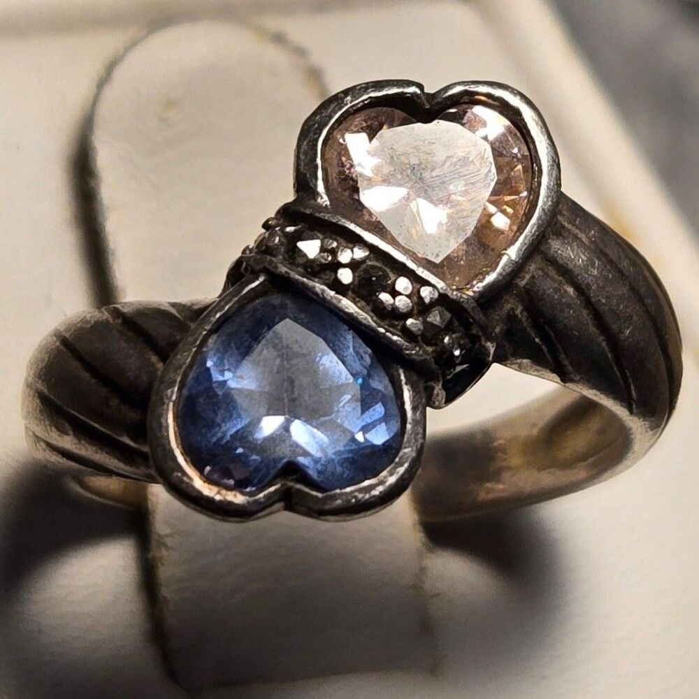 Blue pink hearts vintage sterling silver ring sz 5.5